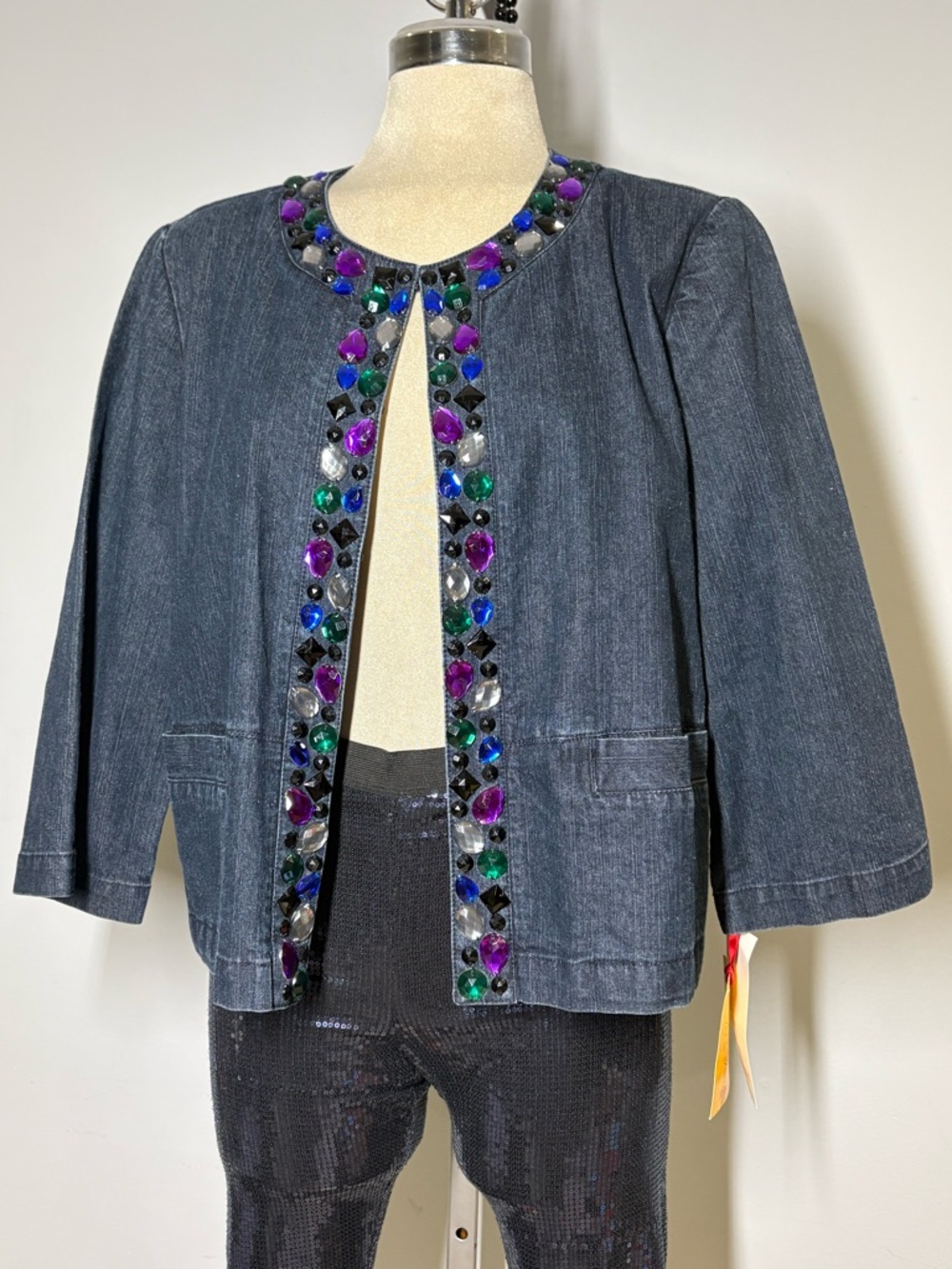 New Ruby Rd. Dark Denim Open-Front Jacket with Multicolored Jewel Trim Size 12